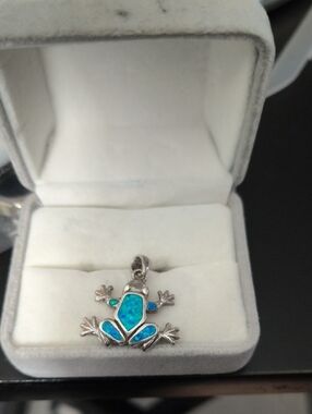 Silver Frog Pendant with Blue Opal Inlay